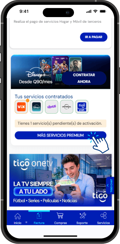 Paso 1 - Sección Factura con la opción Más Servicios Premium