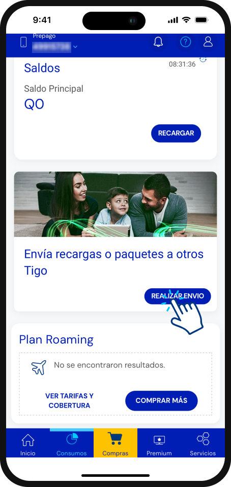 Paso 2 - Pantalla Inicio con la tarjeta Envía recargas o paquetes a otros Tigo