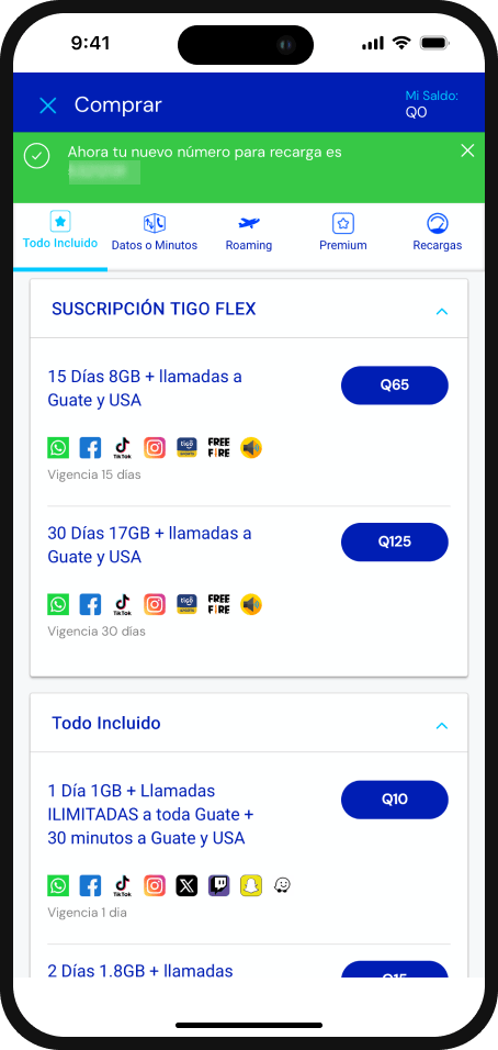 Paso 4 - Catálogo de recargas y paquetes disponibles