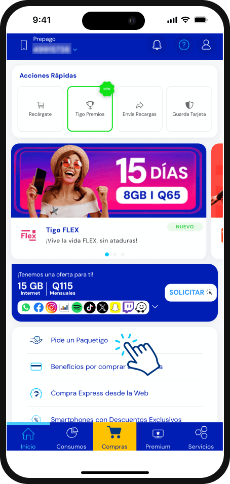 Paso 1 - Pantalla Inicio con la opción Pide un Paquetigo