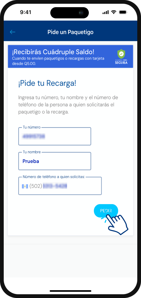 Paso 3 - Formulario con tu número, tu nombre y el número a quien solicitas