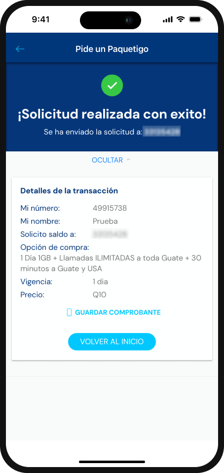 Paso 5 - ¡Solicitud realizada con éxito! con el detalle de la transacción