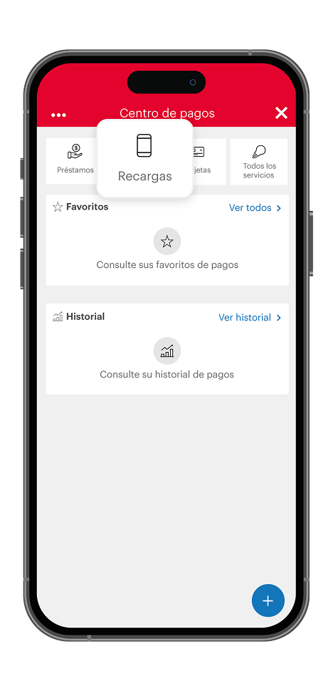 Paso 3 - Centro de pagos con la categoría Recargas