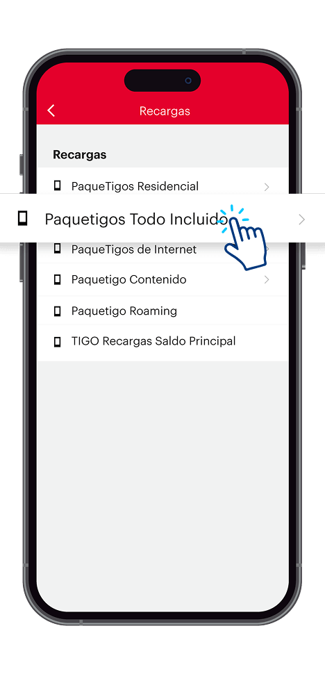 Paso 4 - Listado de categorías de recargas Tigo