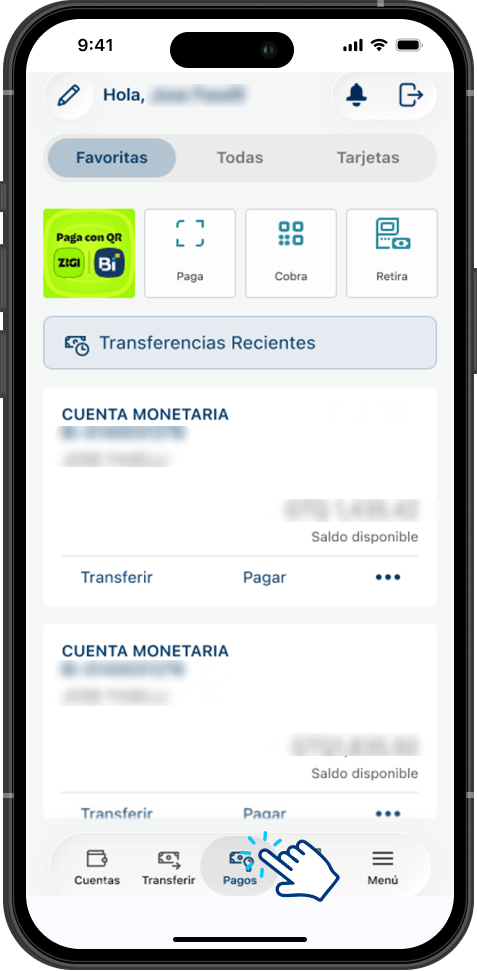 Paso 2 - Pantalla principal con la opción Pagos en la barra inferior
