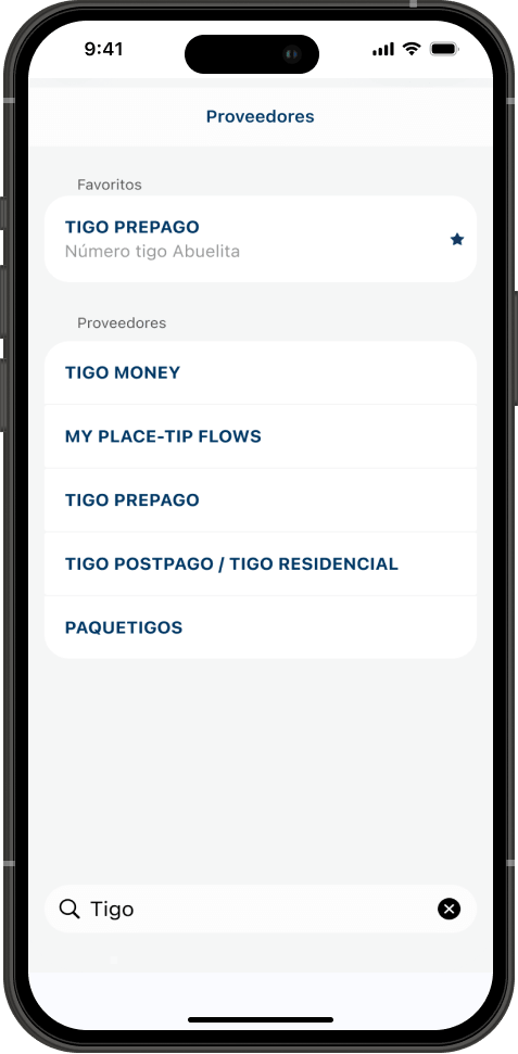 Paso 4 - Listado de proveedores con la opción TIGO PREPAGO
