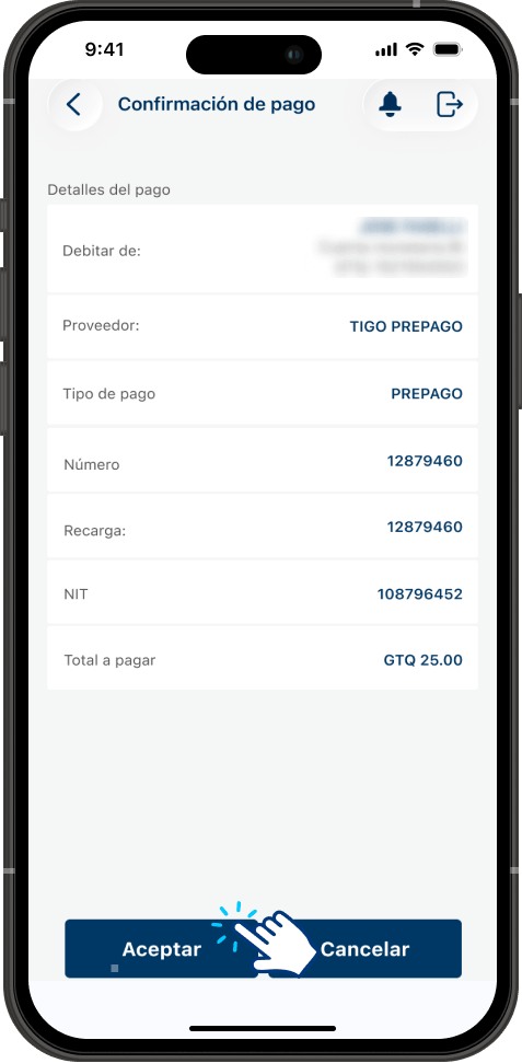 Paso 6 - Pantalla de confirmación de pago de la recarga