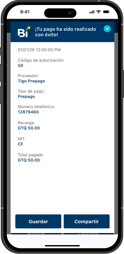 Paso 7 - Comprobante de la recarga con las opciones Guardar y Compartir