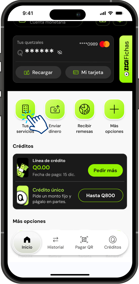 Paso 3 - Pantalla de inicio de ZIGI con la opción Tus servicios