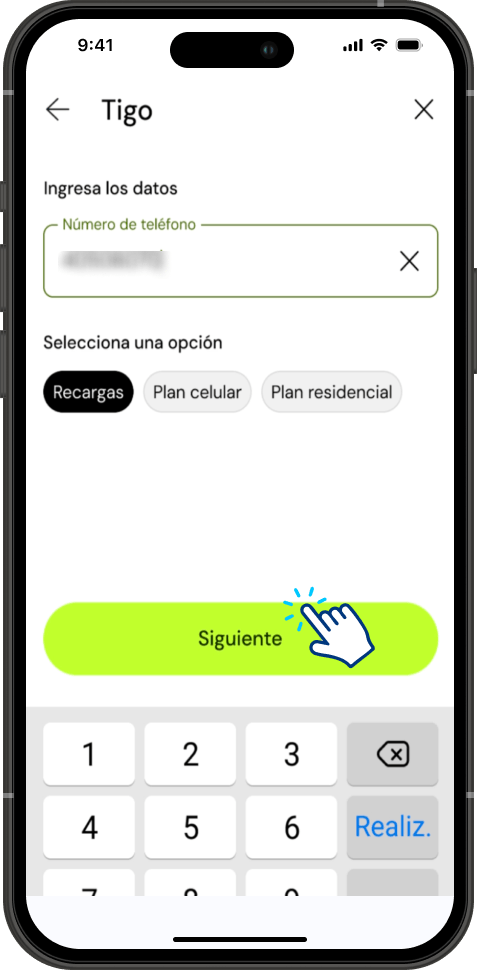 Paso 5 - Formulario con el número de teléfono y la opción Recargas