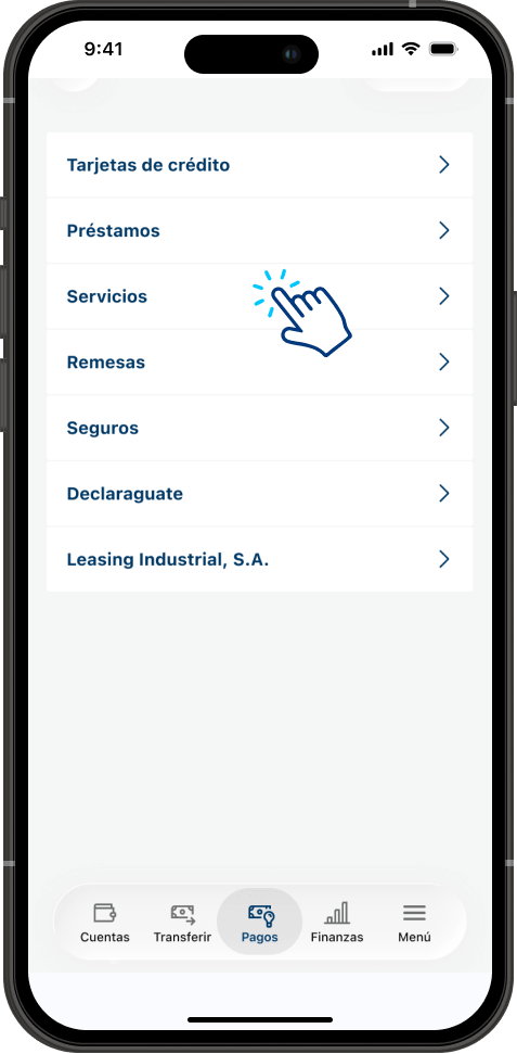 Paso 3 - Menú de Pagos con la opción Servicios