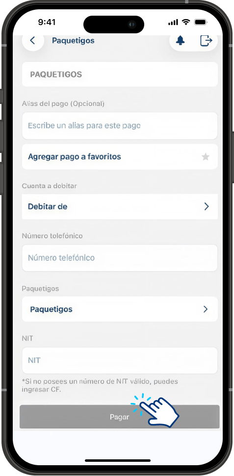 Paso 6 - Formulario con cuenta a debitar, número telefónico y NIT