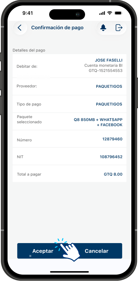 Paso 7 - Pantalla de confirmación de pago con el detalle del paquete
