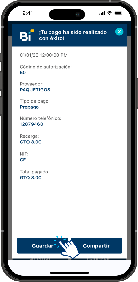 Paso 8 - Comprobante del pago con las opciones Guardar y Compartir