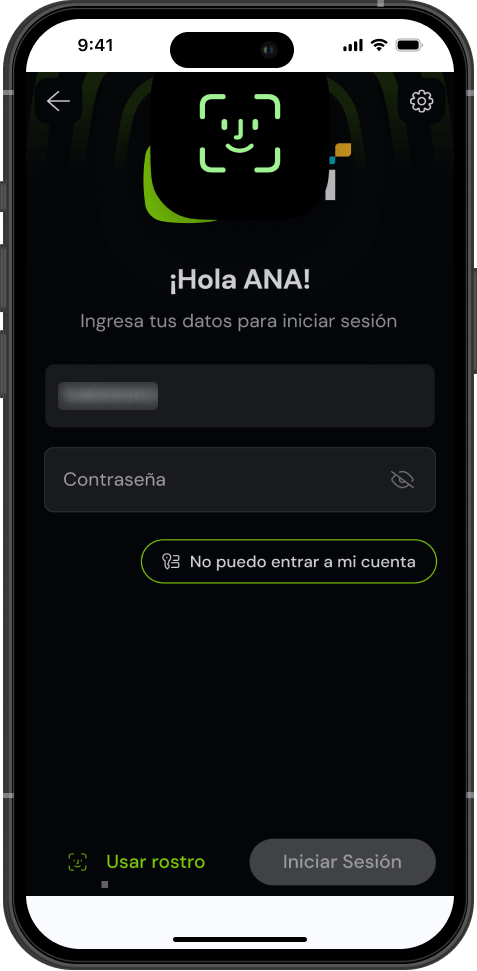 Paso 2 - Inicio de sesión con datos o reconocimiento facial