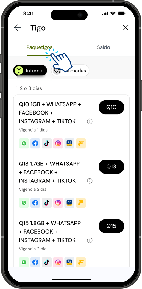 Paso 6 - Pestaña Paquetigos con las opciones de Internet y Llamadas