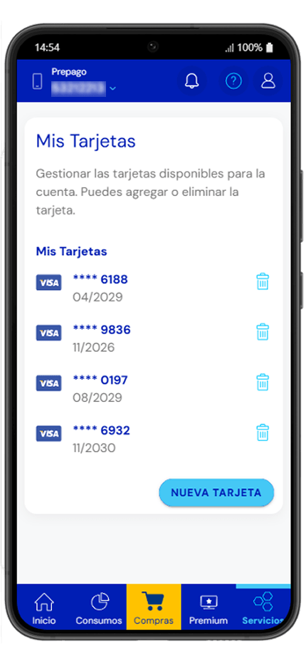 Paso 1 - Pantalla Mis Tarjetas con las tarjetas guardadas