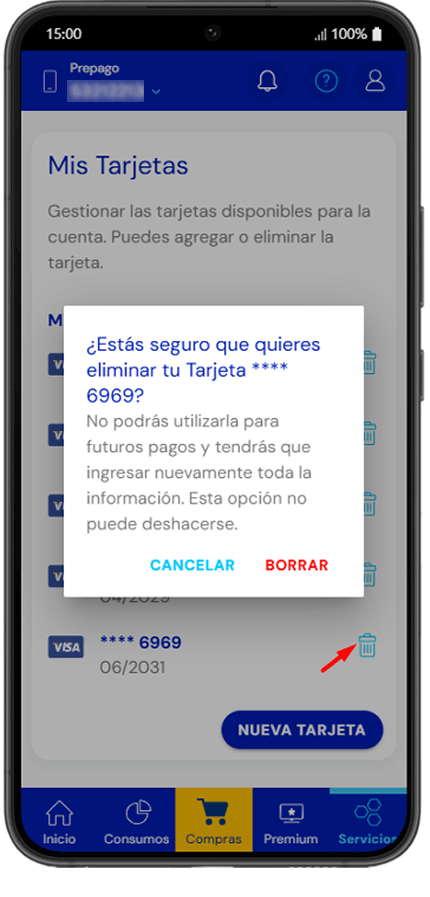 Confirmación antes de eliminar una tarjeta guardada