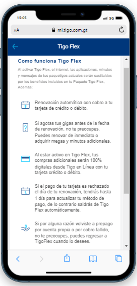 Resumen de cómo funciona Tigo Flex dentro de Mi Tigo App